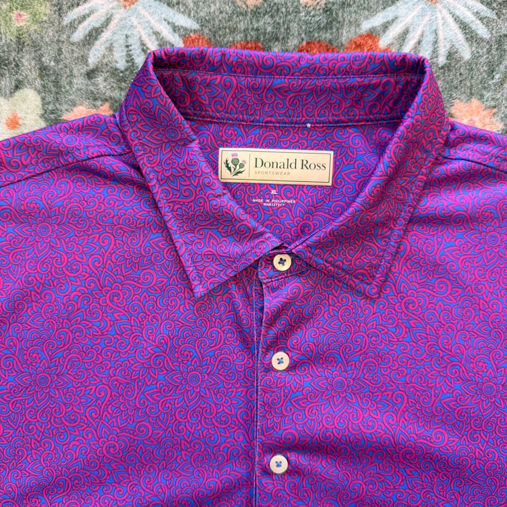 Donald Ross Sportswear Mens XL Purple Paisley Swirl Golf Polo Shirt 1922 Logo